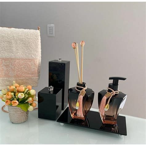 Kit Lavabo Banheiro Luxo Bandeja Difusor De Ambiente Preto Rose