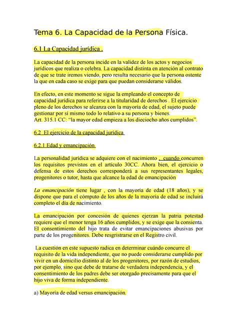 Derecho Civil Tema 6 Apuntes Tema 6 La Capacidad De La Persona