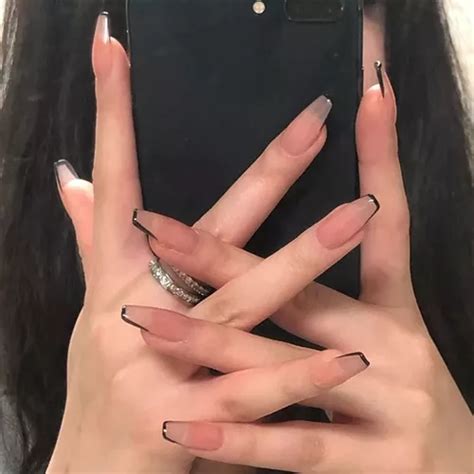 Uñas Postizas Nude Con Negro Largas Elegantes Fiesta Meses sin intereses