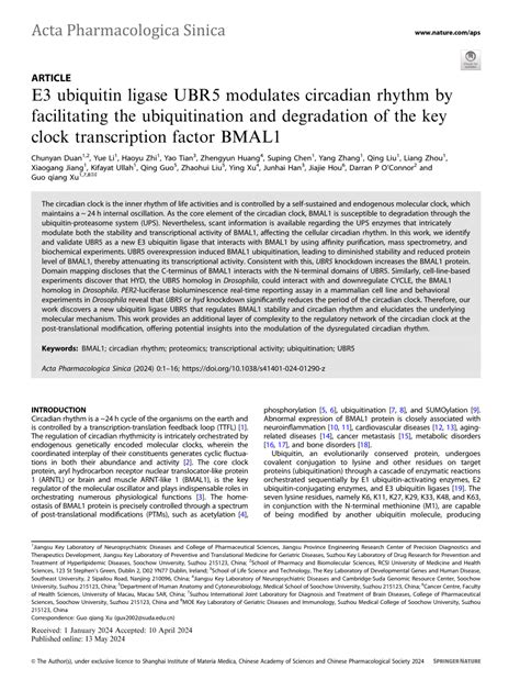 Pdf E Ubiquitin Ligase Ubr Modulates Circadian Rhythm By