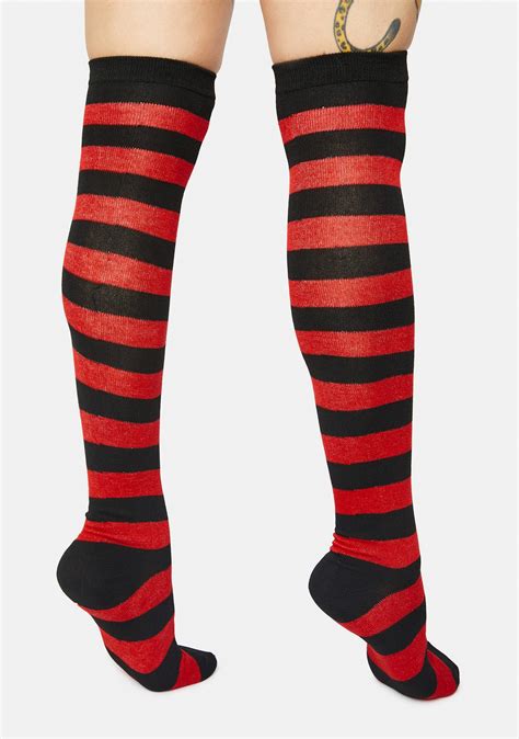 Striped Knee High Socks Black Red Dolls Kill