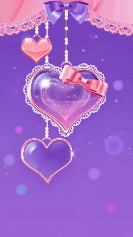 A Purple Background With Hearts Hanging From It S Sides And A Pink Bow