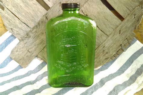 1930s Green Glass 1qt Refrigerator Bottle W Lid Feat Embossed Well Vintage Farmhouse Kitchen