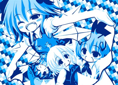 Safebooru 4girls Antennae Blue Blush Stickers Bow Cirno Fangs Hair