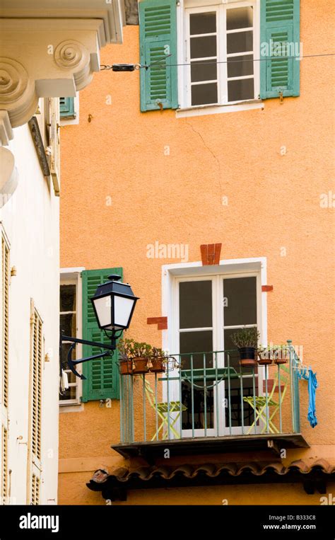 The balcony of an old building, Old Town of Villefranche sur Mer, Cote ...