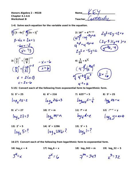 Honors Algebra 2 M328 Name Chapter 4 1 4 6 Worksheet B