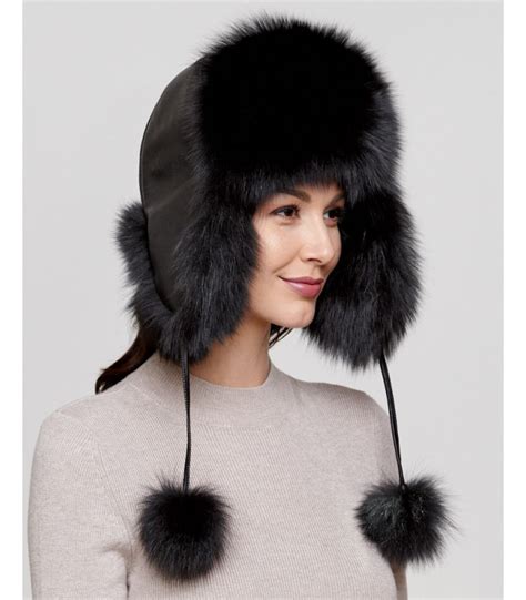 Womens Black Fox Fur Excursion Trapper Hat With Pom Pom FurHatWorld