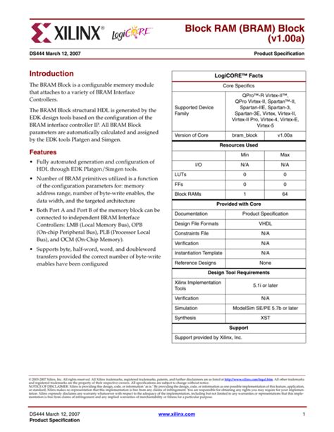 Xilinx Ds Block Ram Bram Block V A Data Sheet