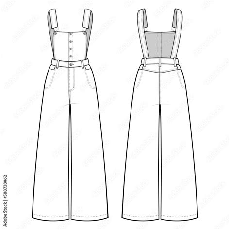 Denim Button Front Dungaree Wide Leg Jumpsuit Fashion Flat Technical