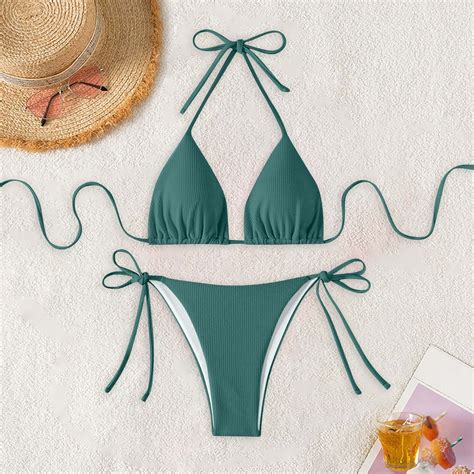 Jjayotai Womens String Two Piece Halter Top Triangle Bikini Set With Tie Side Bottom Sexy