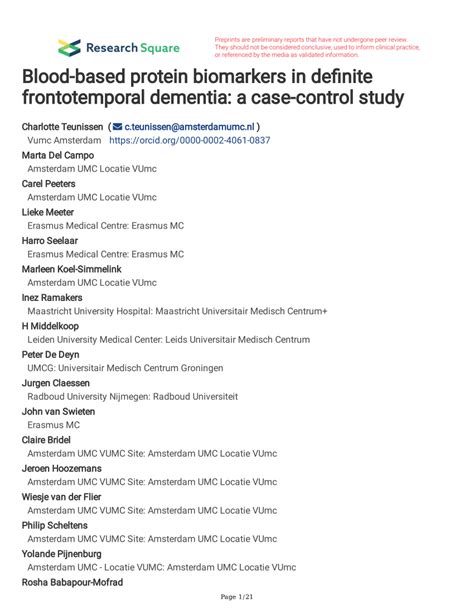 Pdf Blood Based Protein Biomarkers In Definite Frontotemporal