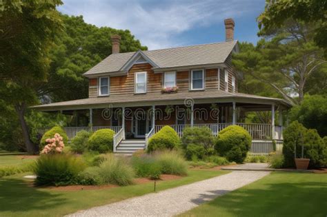 Classic Cape Cod House With Wrap Around Porch And Rocking Chairs On The