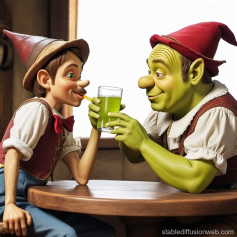 Pinocchio And Shrek Sharing A Drink Stable Diffusion Online