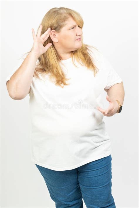 Blonde Plus Size Woman Listening With Hand To Ear Stock Image Image Of Confident Beauty