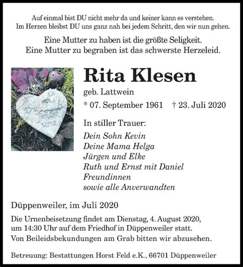 Traueranzeigen Von Rita Kiesen Saarbruecker Zeitung Trauer De