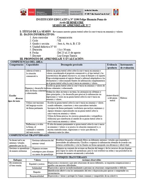 SesiÓn 7 Revisamos Nuestro Guion Teatral Sobre La Convivencia En Armonía Y Valores Pdf