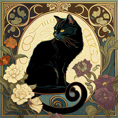 Divine Black Cat With Rose And Sunbeam Art Nouveau Floral Wall Art