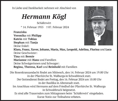 Traueranzeigen von Hermann Kögl trauer merkur de