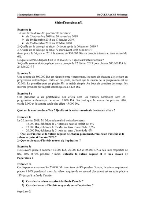 Exercices Chapitre Math Matique Financi Res Es Int R Ts Simples