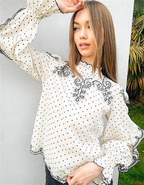 River Island Embroidered High Neck Blouse In White Asos