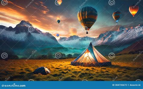 Dusk Landscape Hot Air Balloon Flying In The Sky AI Stock Illustration Illustration Of Aiart