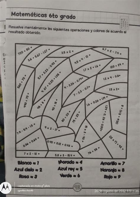 Resuelve Mentalmente Las Siguientes Operaciones Y Colorea De Acuerdo Al Resultado Obteniendo