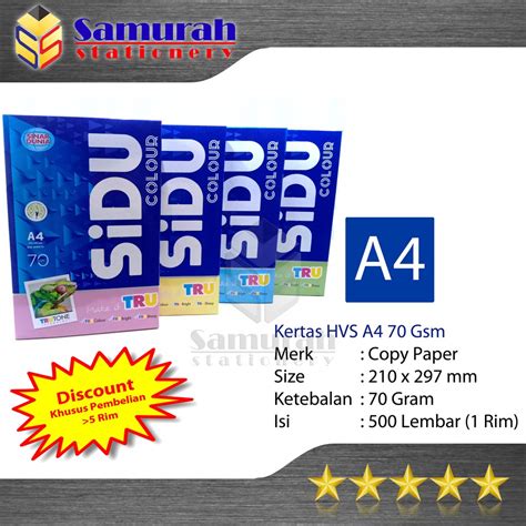 Jual Kertas Hvs Sinar Dunia A4 70 Gsm Warna Kertas Sidu A4 Warna 70