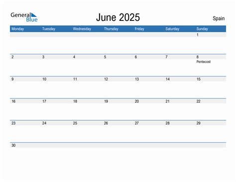 Editable June 2025 Calendar with Spain Holidays