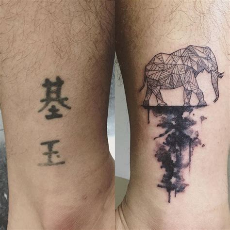 Watercolor and polygonal style elephant tattoo covering