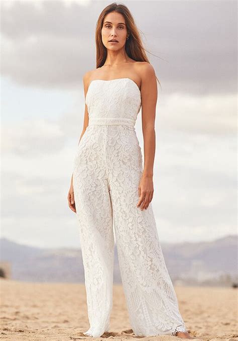 Lulus Wonderful Love White Lace Strapless Wide Leg Jumpsuit Wedding