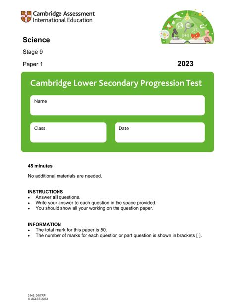 Year 9 Science 2023 Paper 1 Answersheet Progression Test