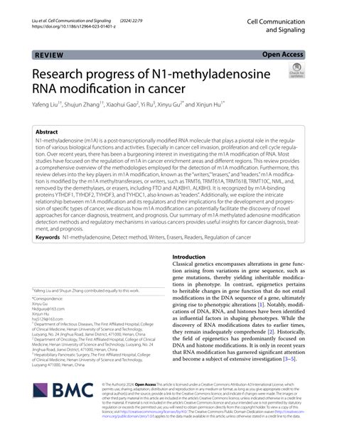 PDF Research Progress Of N1 Methyladenosine RNA Modification In Cancer