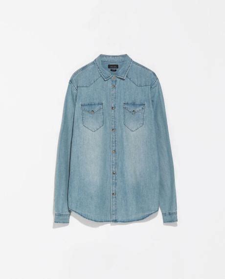 Zara Denim Shirt With Front Yoke In Blue For Men Mid Blue Lyst