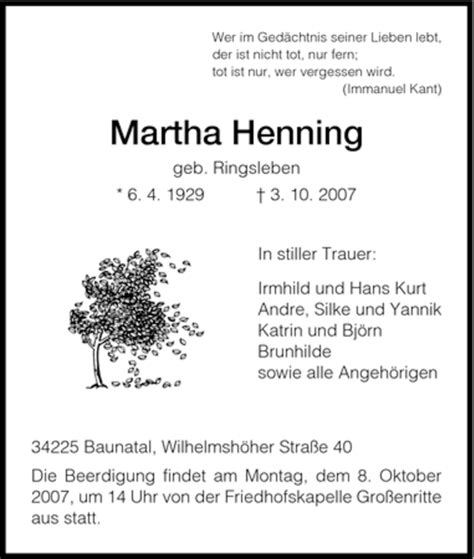 Traueranzeigen Von Martha Henning Trauer Hna De