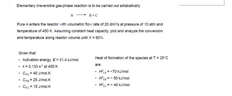 Solved Elementary Irreversible Gas Phase Reaction Is To Be Chegg