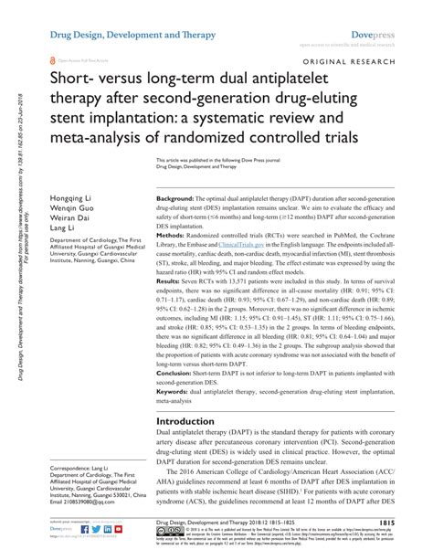 Pdf Short Versus Long Term Dual Antiplatelet Therapy After Second