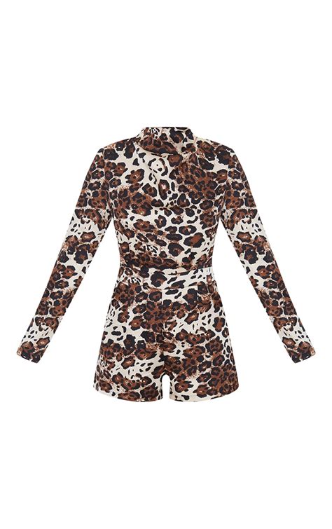 Tan Leopard Print Draped Neck Shoulder Pad Playsuit Prettylittlething Aus