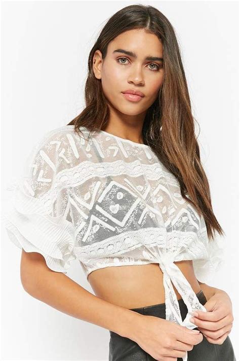 Forever 21 Sheer Lace Tie Front Top Front Tie Top Forever21 Tops Tops