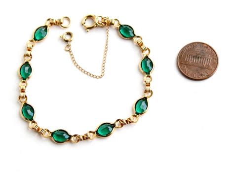 Vintage 12k Gold Filled Green Stone Bracelet Emerald Glass