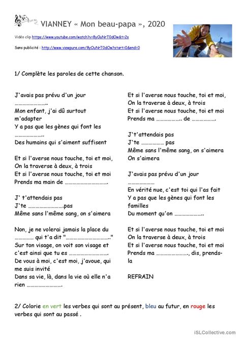 Chanson Vianney Mon Beau Papa Fran Ais Fle Fiches Pedagogiques