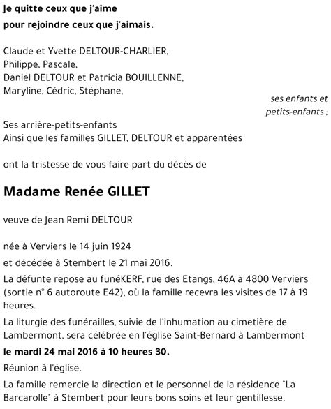 Avis de décès de Renée GILLET décédé le 21 05 2016 à Stembert annonce