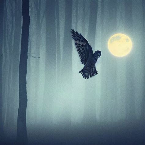 Tattoo Of Owl Flying At Night Through Fog In The Forest Lit By T