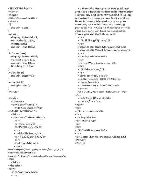 Resume Sample HTML | PDF