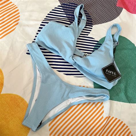 ORIGINAL ZAFUL Ribbed Bikini Beach Swimsuit In Powder Blue On Carousell