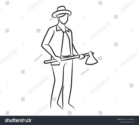 Hand Drawn Standing Farmer Holding Hatchet Stock Vector Royalty Free