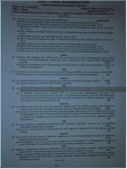 Ggsipu B Tech Cse Iv Semester Software Engineering Question Paper