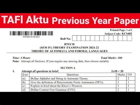 Tafl Aktu Previous Year Paper Automata Aktu Playlist Toc Automata