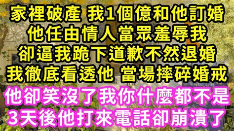 家裡破產 我1個億和他訂婚，他任由情人當眾羞辱我，卻逼我跪下道歉不然退婚，我徹底看透他 當場摔碎婚戒，他卻笑沒了我你什麼都不是，3天後他打來電話卻崩潰了甜寵灰姑娘霸道總裁愛情婚姻