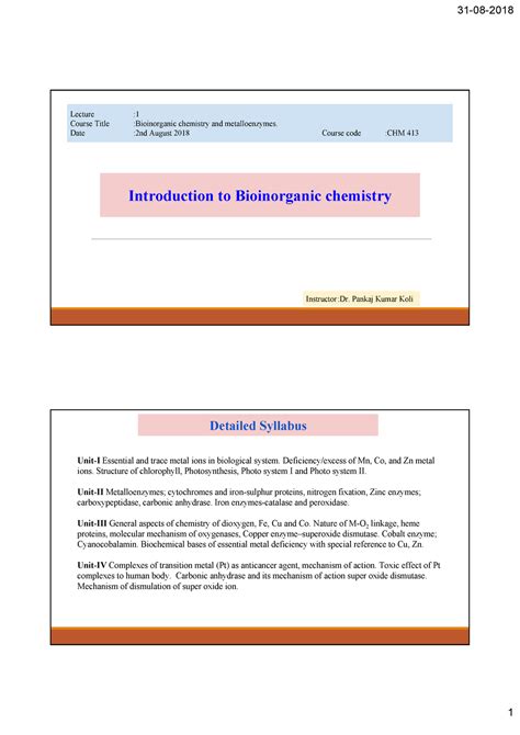 Introduction To Bioinorganic Chemistry Unit Lecture