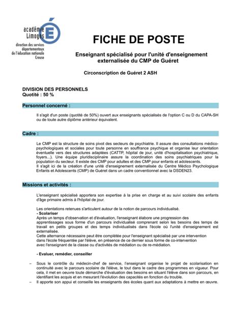 Fiche de poste enseignant référent